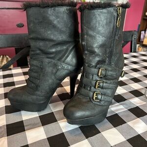 Guess Black Heeled Boots with Gold Buckles